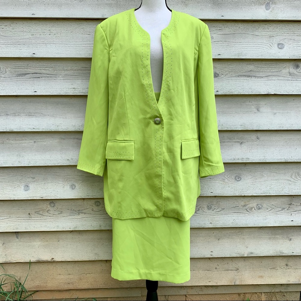 Vintage 80s Neon Lime Green Embellished Bejeweled 2 Piece Coordinated Skirt Set